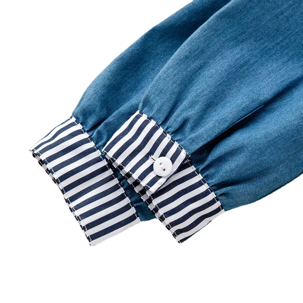 Baby Girl Striped Sailor Collar Dress Blue Denim 0-3Y - Image 5