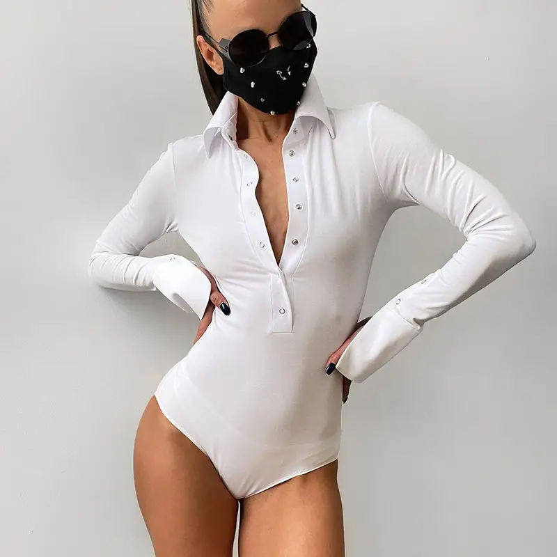 Black Polo Collar Slim Fit Half Button Jumpsuit for Women