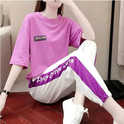 Women 2Pc Sports Suit Purple White Loose Summer - Image 3