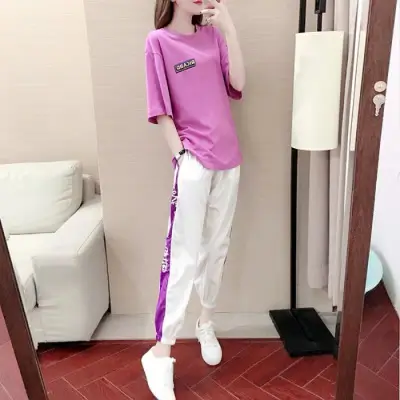 Women 2Pc Sports Suit Purple White Loose Summer - Image 4