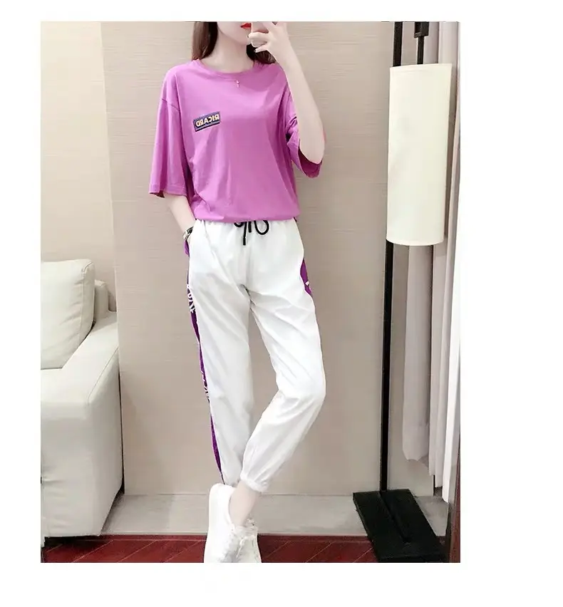 Women 2Pc Sports Suit Purple White Loose Summer - Image 5