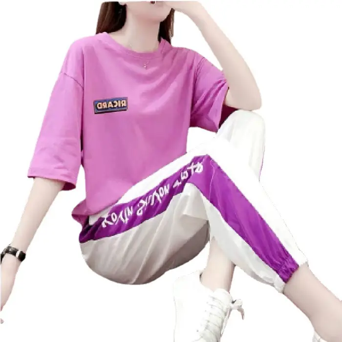 Women 2Pc Sports Suit Purple White Loose Summer - Image 6