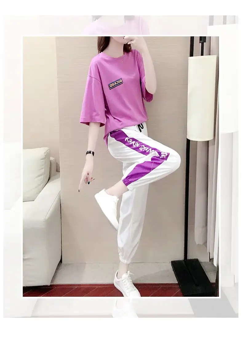 Women 2Pc Sports Suit Purple White Loose Summer — feature 7