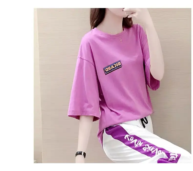Women 2Pc Sports Suit Purple White Loose Summer — feature 8