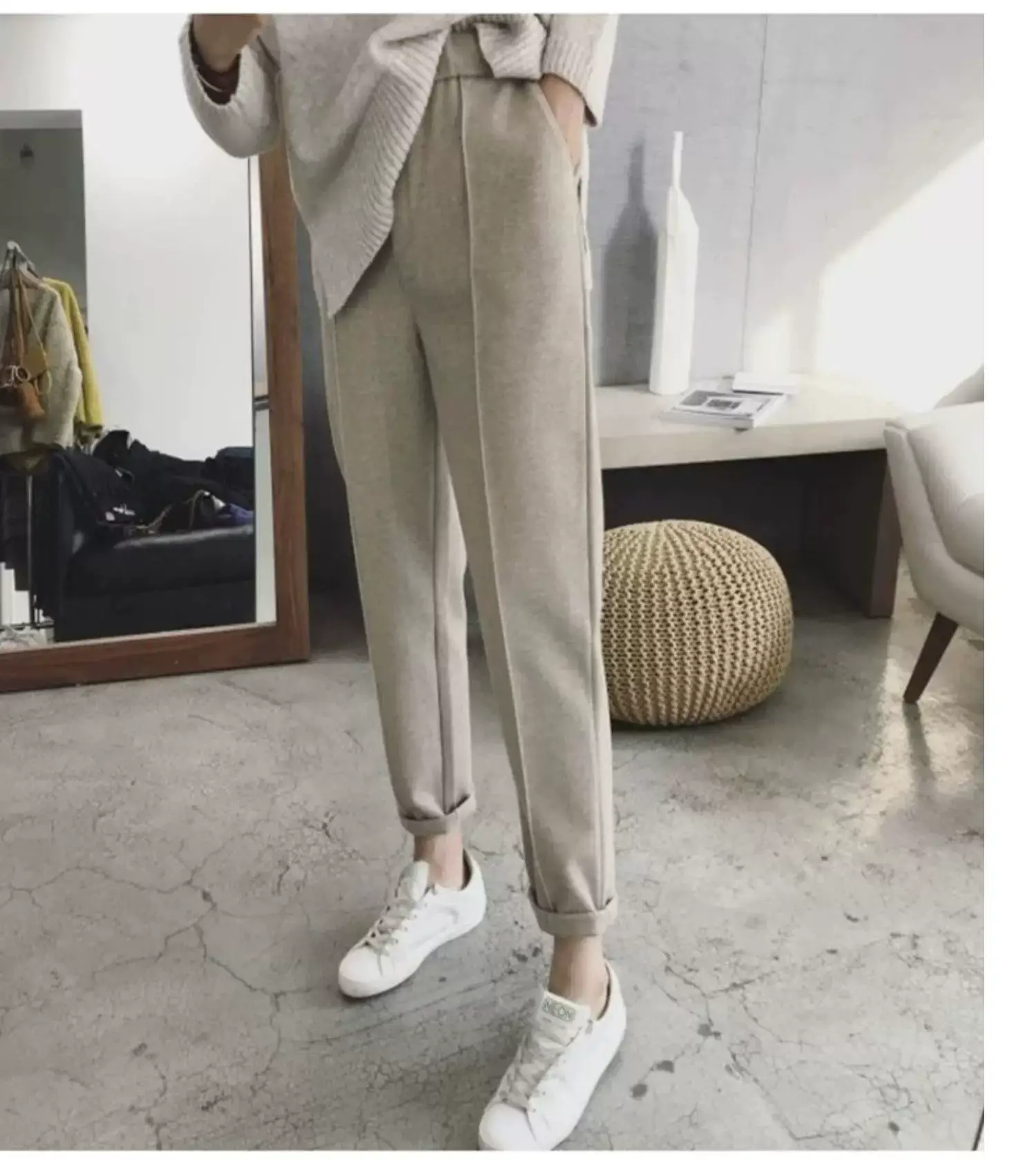 Women Woolen Carrot Pants Spring Autumn 2025 Beige — feature 4