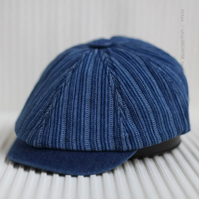Men's Blue Striped Octagonal Cap Retro Japanese Fashion