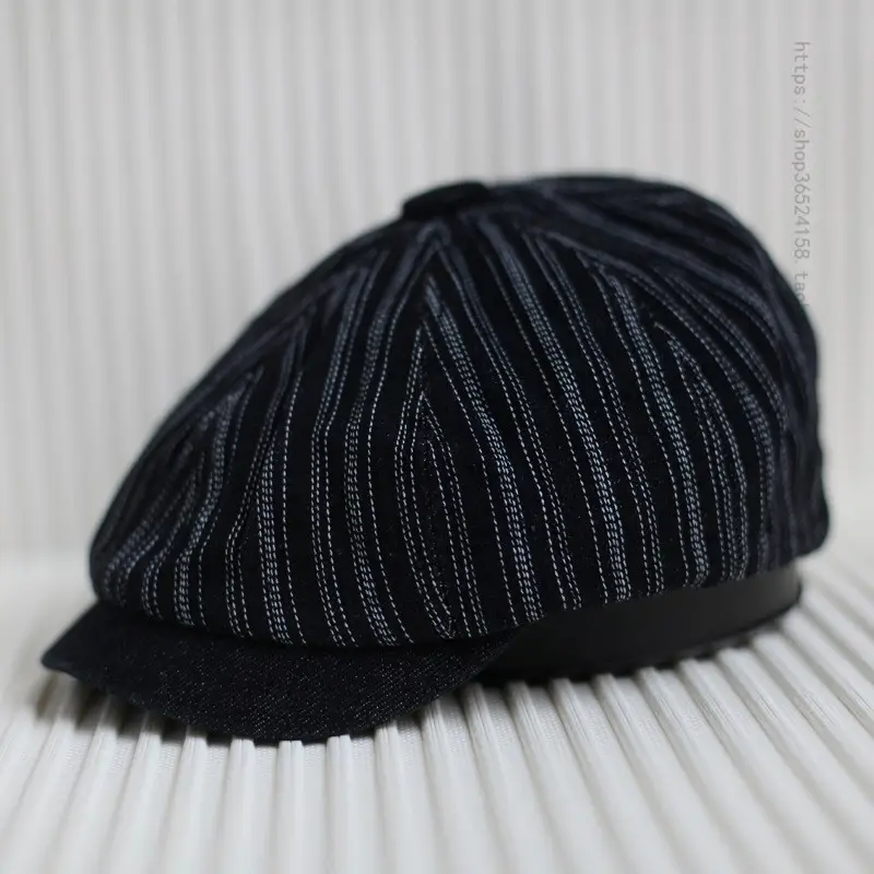 Men's Blue Striped Octagonal Cap Retro Japanese Fashion
