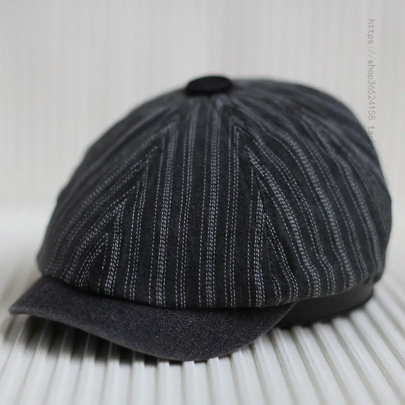 Men's Blue Striped Octagonal Cap Retro Japanese Fashion