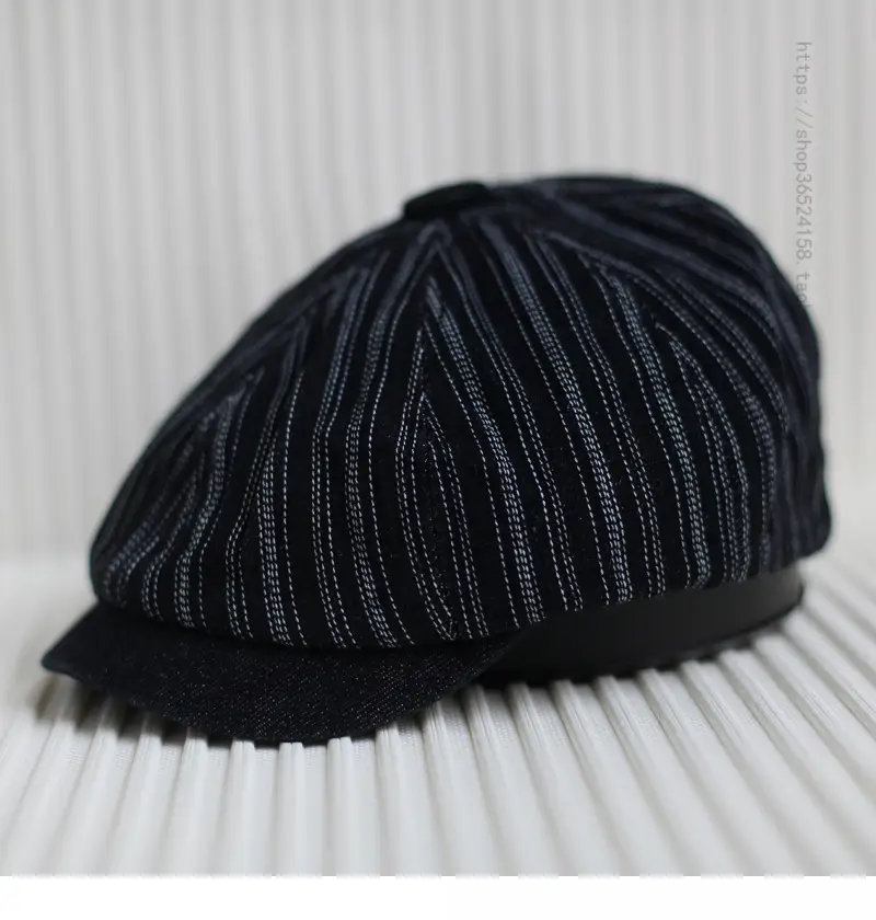 Men's Blue Striped Octagonal Cap Retro Japanese Fashion — feature 1