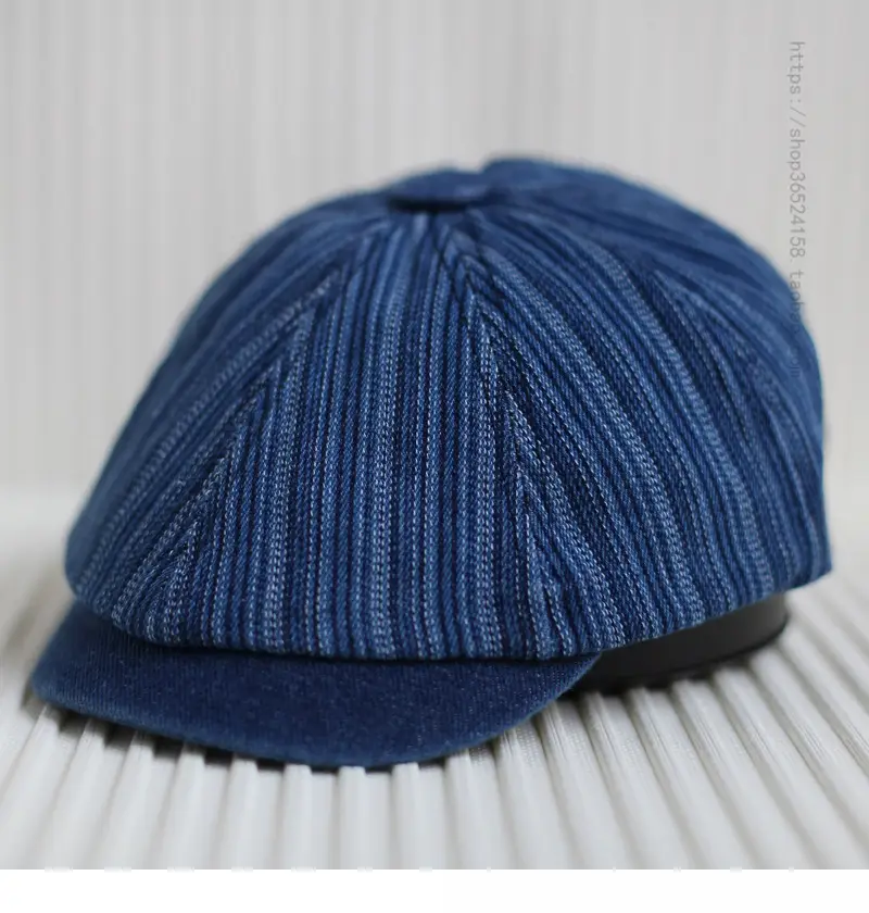 Men's Blue Striped Octagonal Cap Retro Japanese Fashion — feature 3