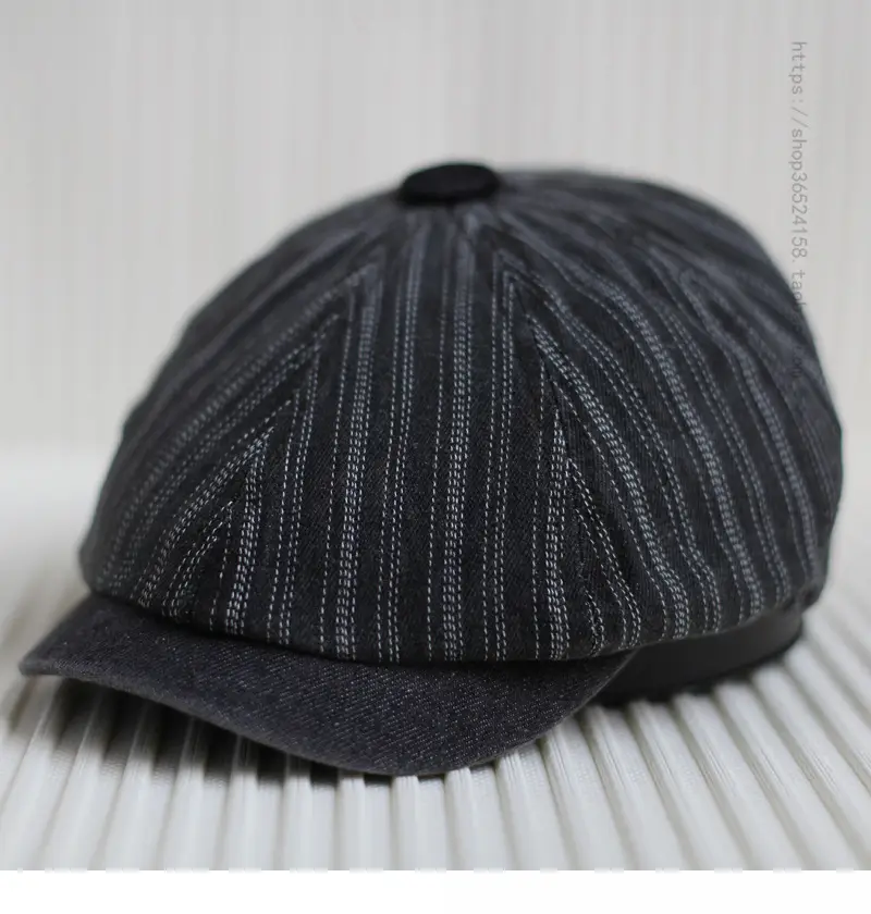 Men's Blue Striped Octagonal Cap Retro Japanese Fashion