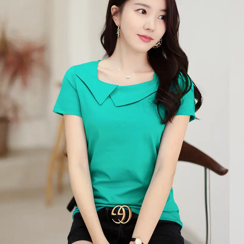 Women Pure Cotton Square Collar Teal T-Shirt - Image 5