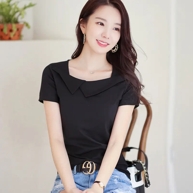 Women Pure Cotton Square Collar Teal T-Shirt - Image 7