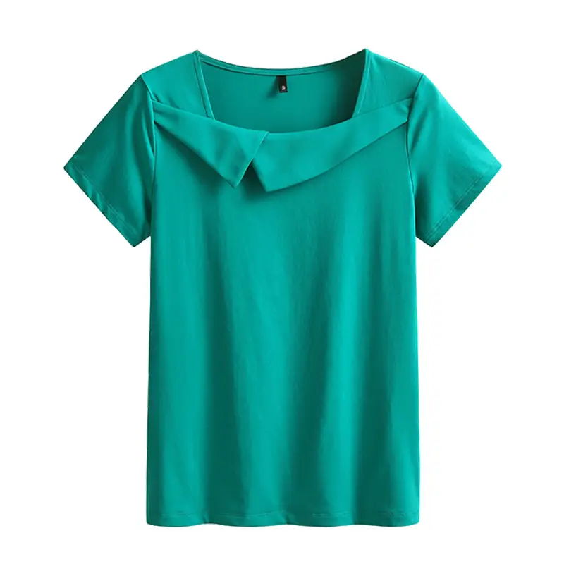 Women Pure Cotton Square Collar Teal T-Shirt - Image 9