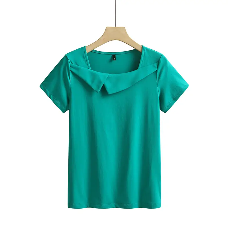 Women Pure Cotton Square Collar Teal T-Shirt - Image 2