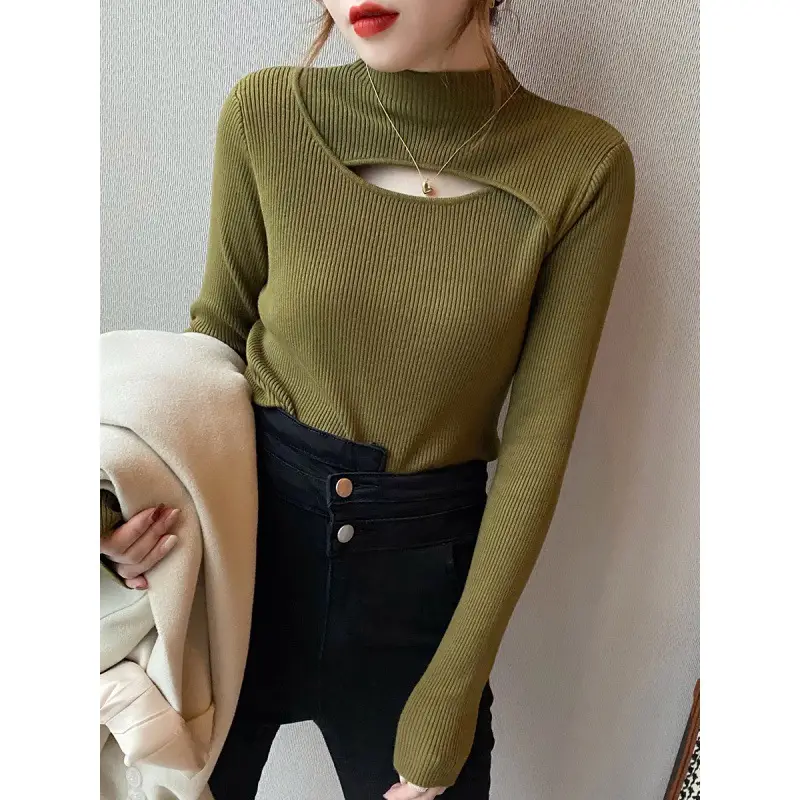 Women's Knitted Half Turtleneck Sweater Top Olive Green