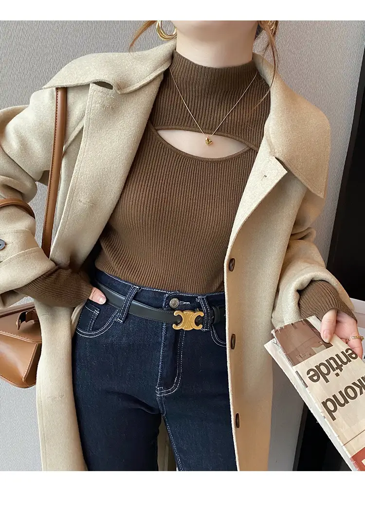 Women's Knitted Half Turtleneck Sweater Top Olive Green — feature 17