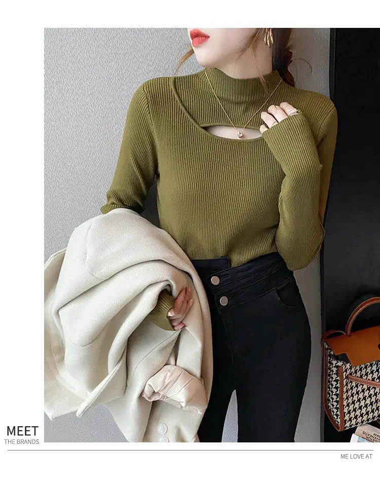 Women's Knitted Half Turtleneck Sweater Top Olive Green — feature 24