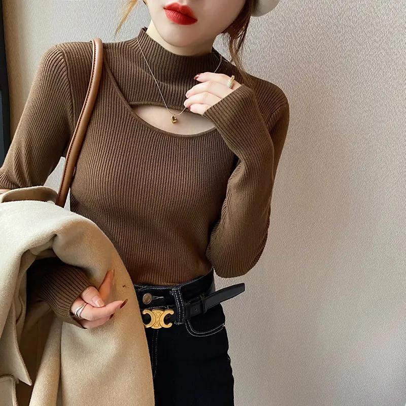 Women's Knitted Half Turtleneck Sweater Top Olive Green