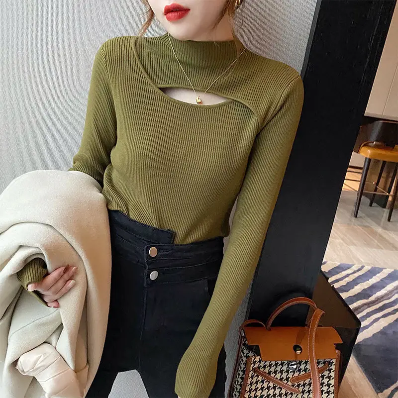 Women's Knitted Half Turtleneck Sweater Top Olive Green