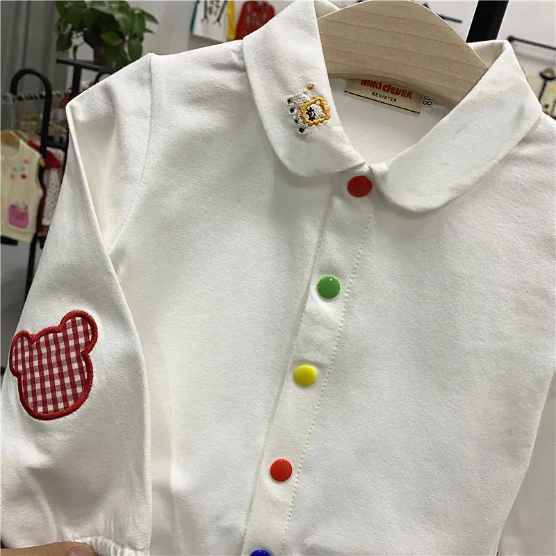 White Long Sleeve Button Shirt for Kids with Colorful Patches - Image 5