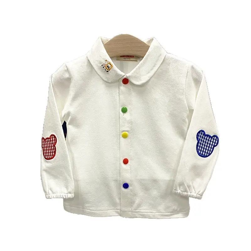 White Long Sleeve Button Shirt for Kids with Colorful Patches - Image 6