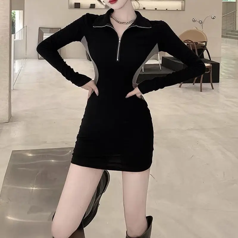 Women's Grey Polo Dress Long Sleeve Hip Skirt