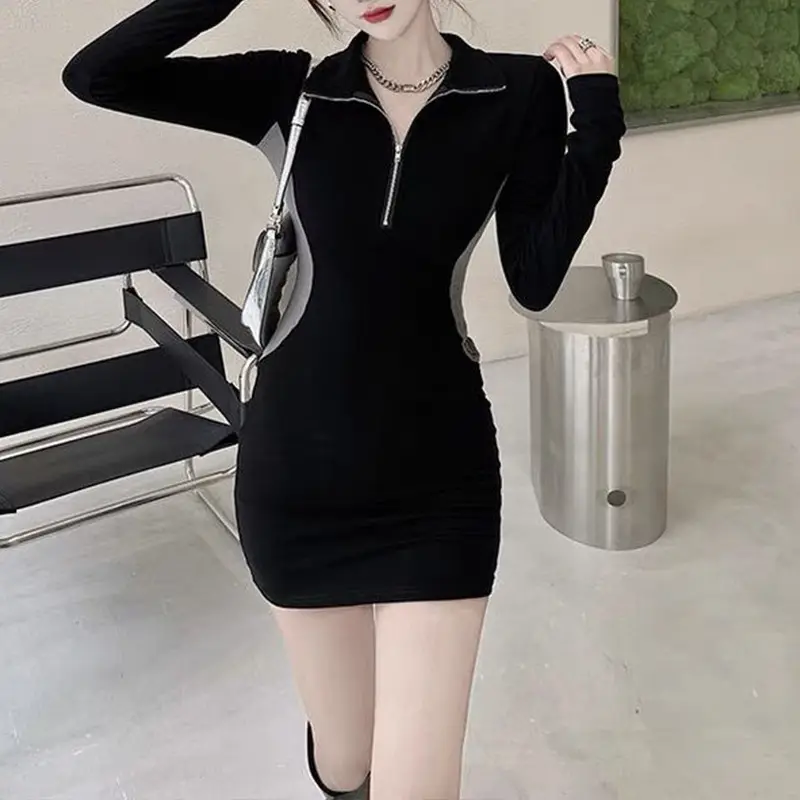 Women's Grey Polo Dress Long Sleeve Hip Skirt