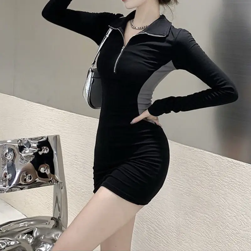 Women's Grey Polo Dress Long Sleeve Hip Skirt