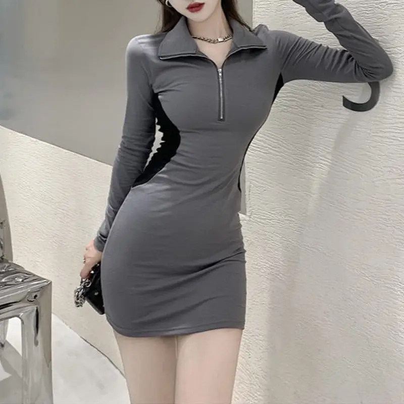 Women's Grey Polo Dress Long Sleeve Hip Skirt