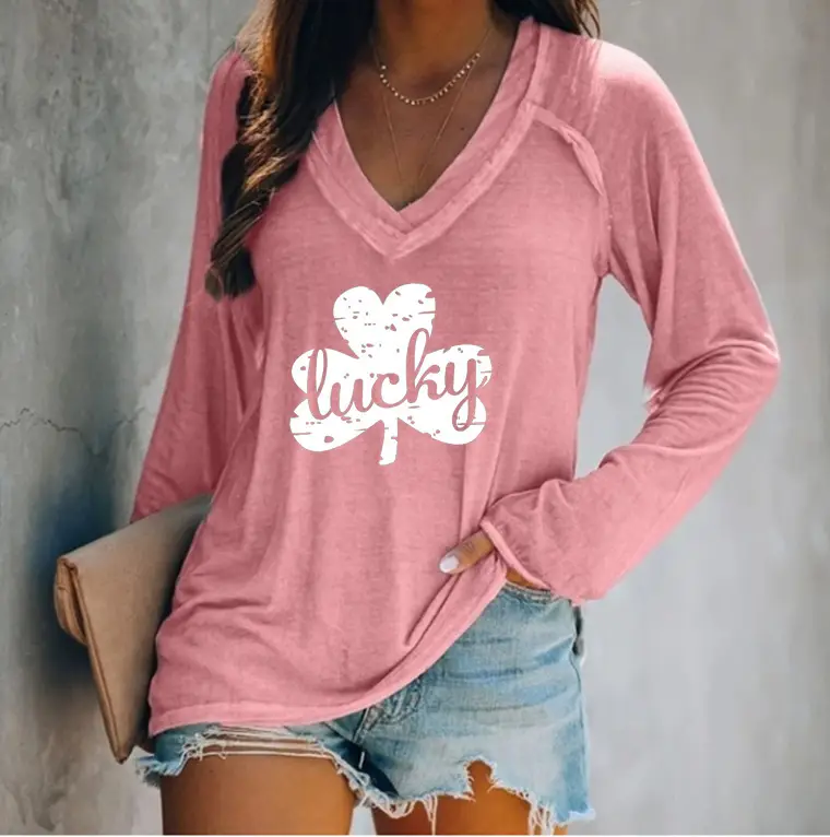 Lucky 4-Leverage V-Neck Pink Long Sleeve T-Shirt Women - Image 2