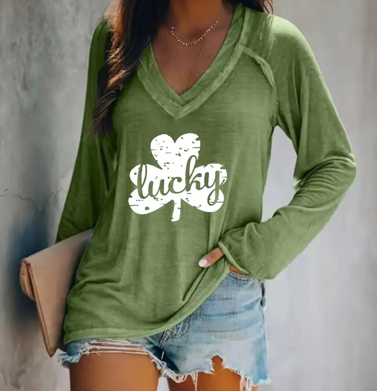 Lucky 4-Leverage V-Neck Pink Long Sleeve T-Shirt Women - Image 4