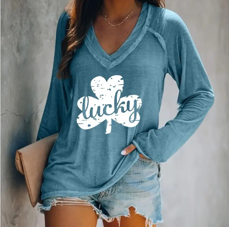 Lucky 4-Leverage V-Neck Pink Long Sleeve T-Shirt Women - Image 5