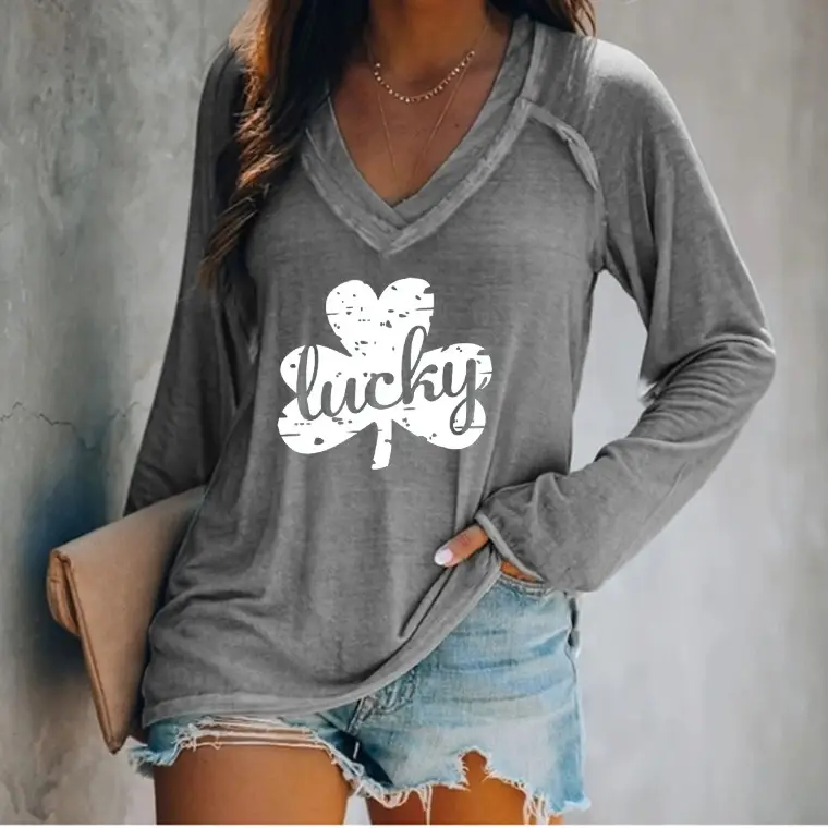 Lucky 4-Leverage V-Neck Pink Long Sleeve T-Shirt Women - Image 3