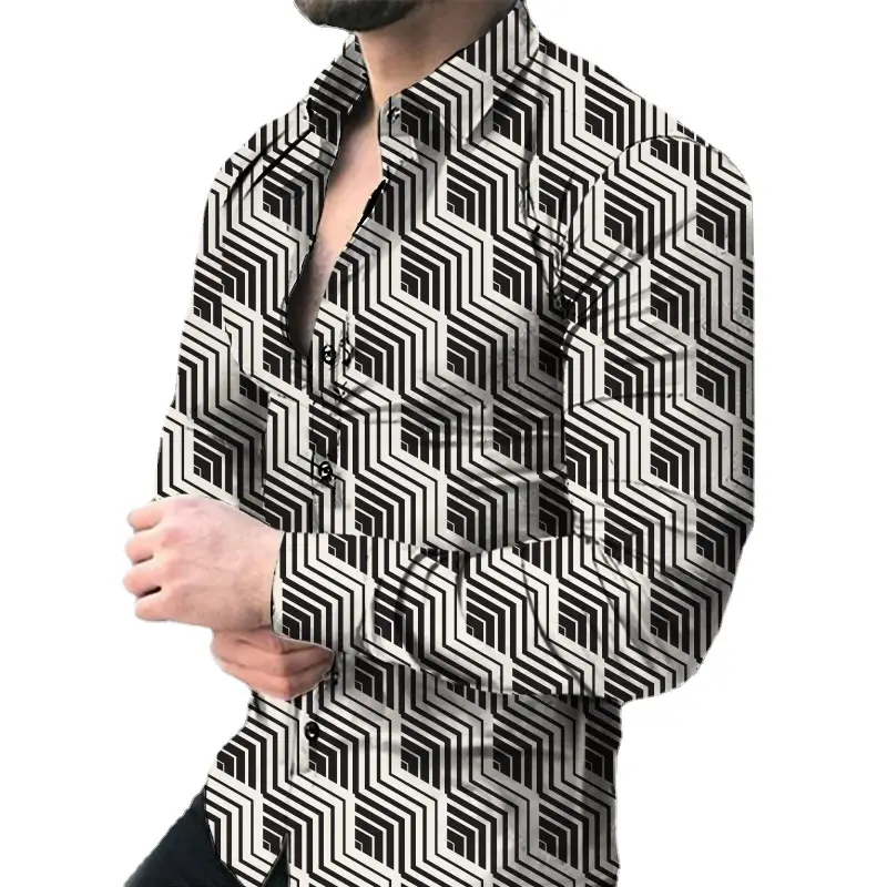 Men 3D Geometric Print Long Sleeve Shirt Black Gold - Image 32