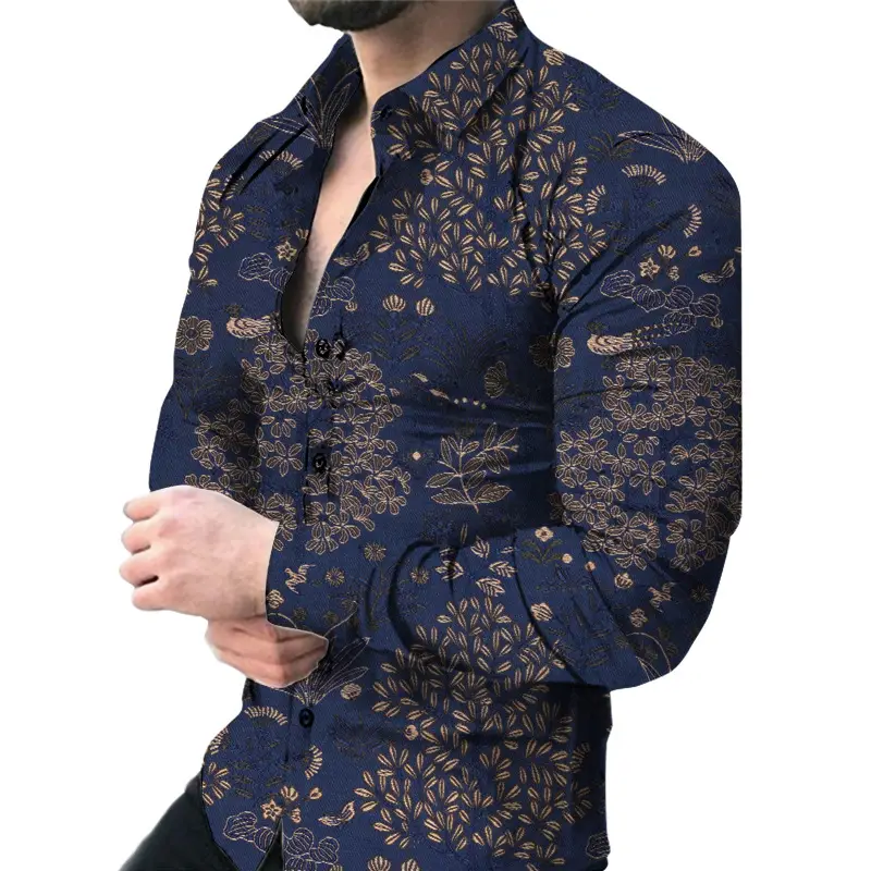 Men 3D Geometric Print Long Sleeve Shirt Black Gold - Image 12