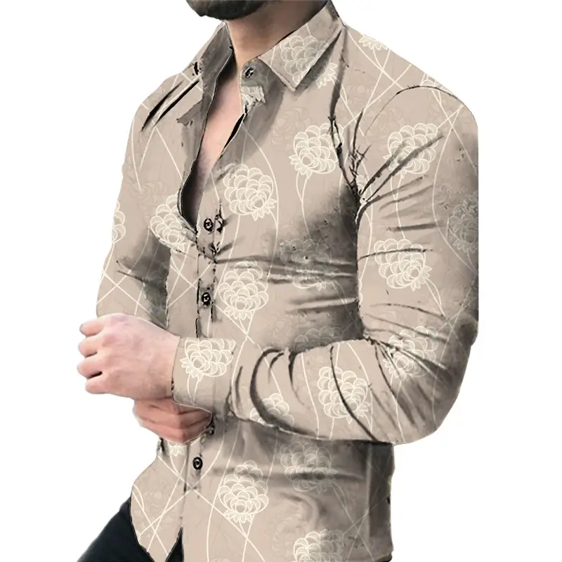 Men 3D Geometric Print Long Sleeve Shirt Black Gold - Image 13