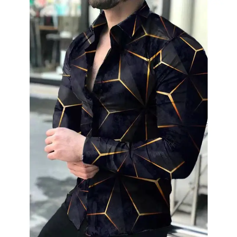Men 3D Geometric Print Long Sleeve Shirt Black Gold - Image 16