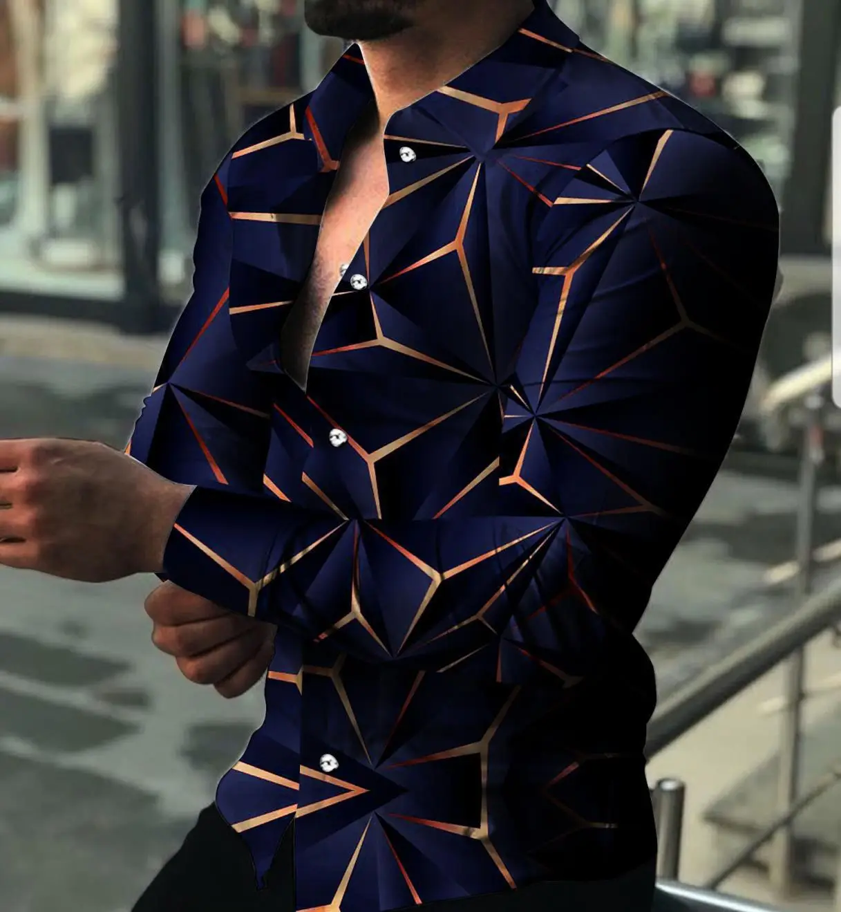 Men 3D Geometric Print Long Sleeve Shirt Black Gold - Image 17