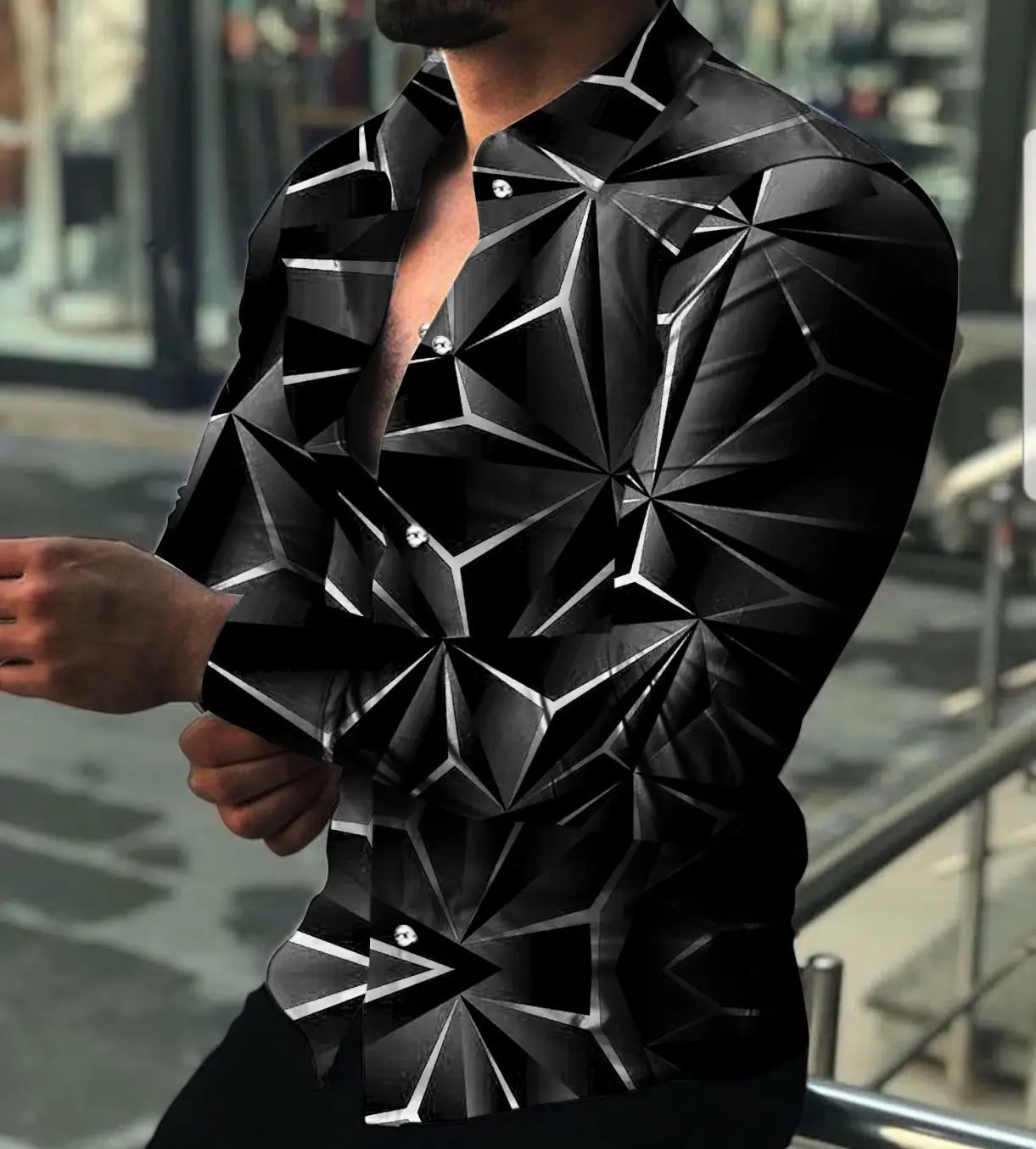 Men 3D Geometric Print Long Sleeve Shirt Black Gold - Image 18