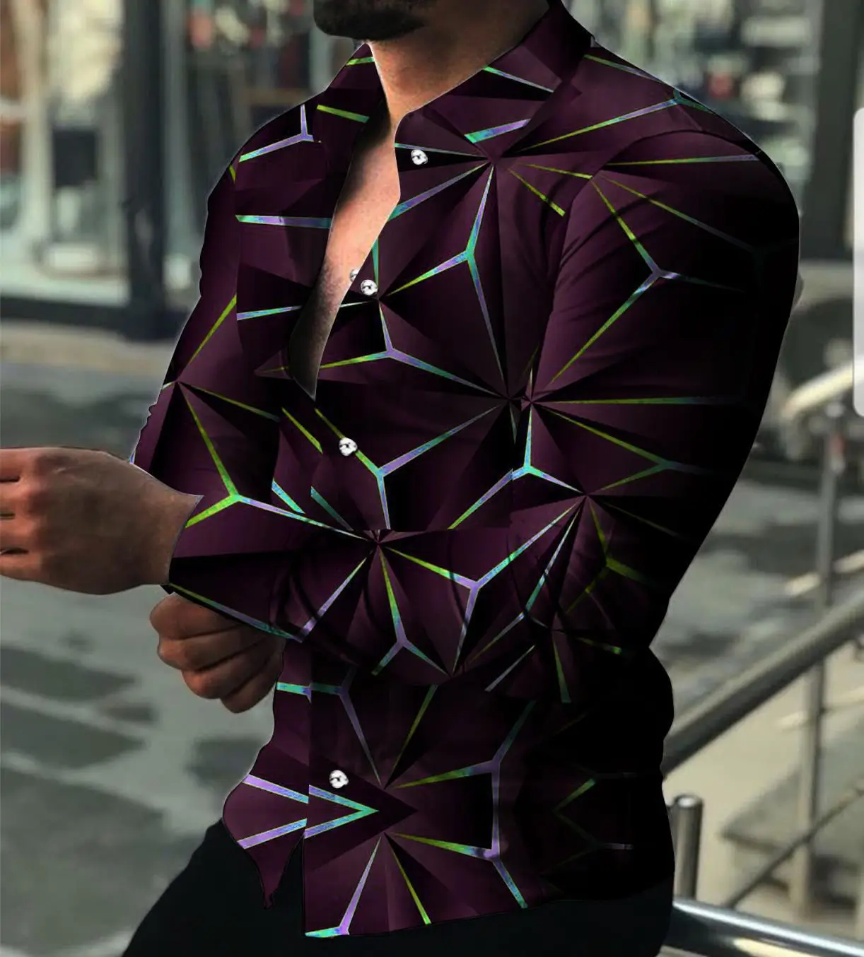 Men 3D Geometric Print Long Sleeve Shirt Black Gold - Image 19