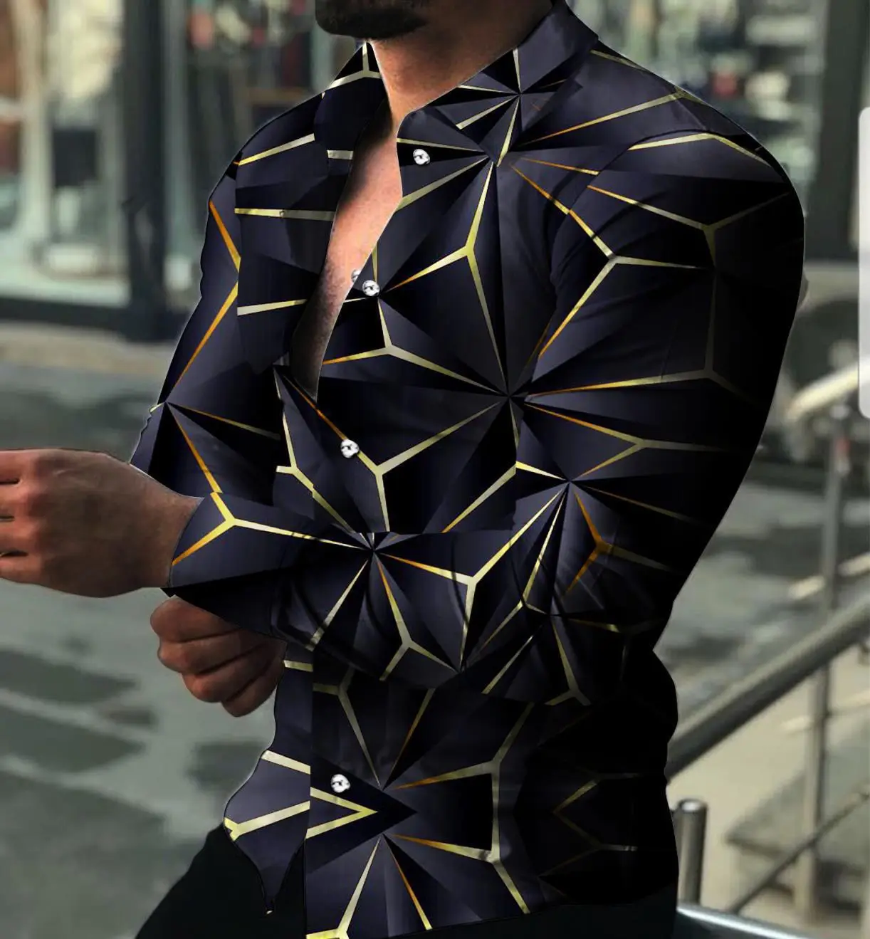 Men 3D Geometric Print Long Sleeve Shirt Black Gold - Image 21