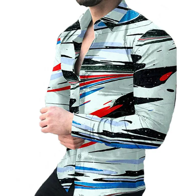 Men 3D Geometric Print Long Sleeve Shirt Black Gold - Image 22