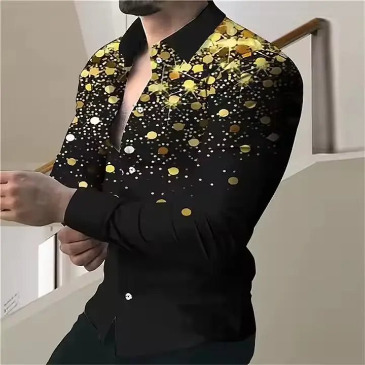 Men 3D Geometric Print Long Sleeve Shirt Black Gold - Image 24