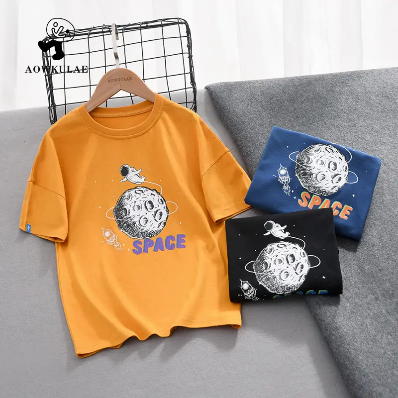 Kids Space T-Shirt Orange Large Cartoon Print - Image 4