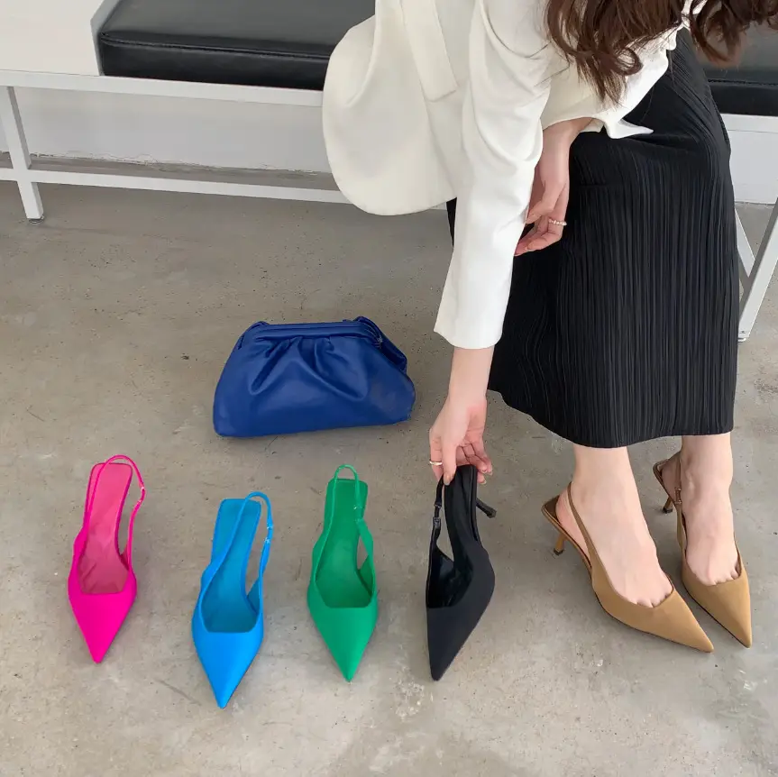 Spring 2023 New Pointed Toe Fine Heel Mid-Heel Single Shoes Rear Empty Toe Sandals High Heel Shoes Green Women's Shoes — feature 1