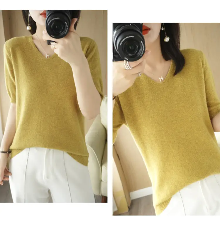 2025 V-Neck Red Knit T-Shirt Women — feature 16