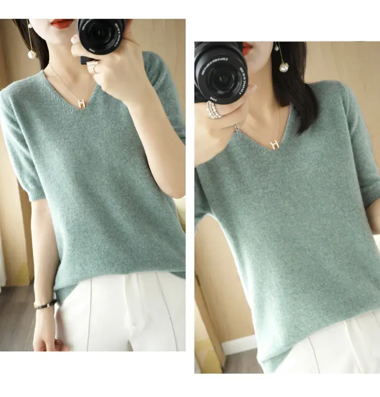 2025 V-Neck Red Knit T-Shirt Women — feature 29