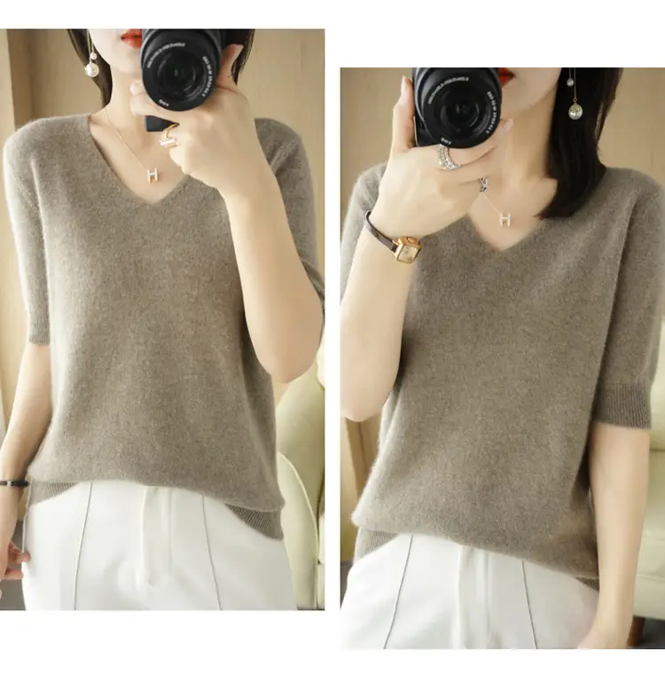 2025 V-Neck Red Knit T-Shirt Women — feature 32