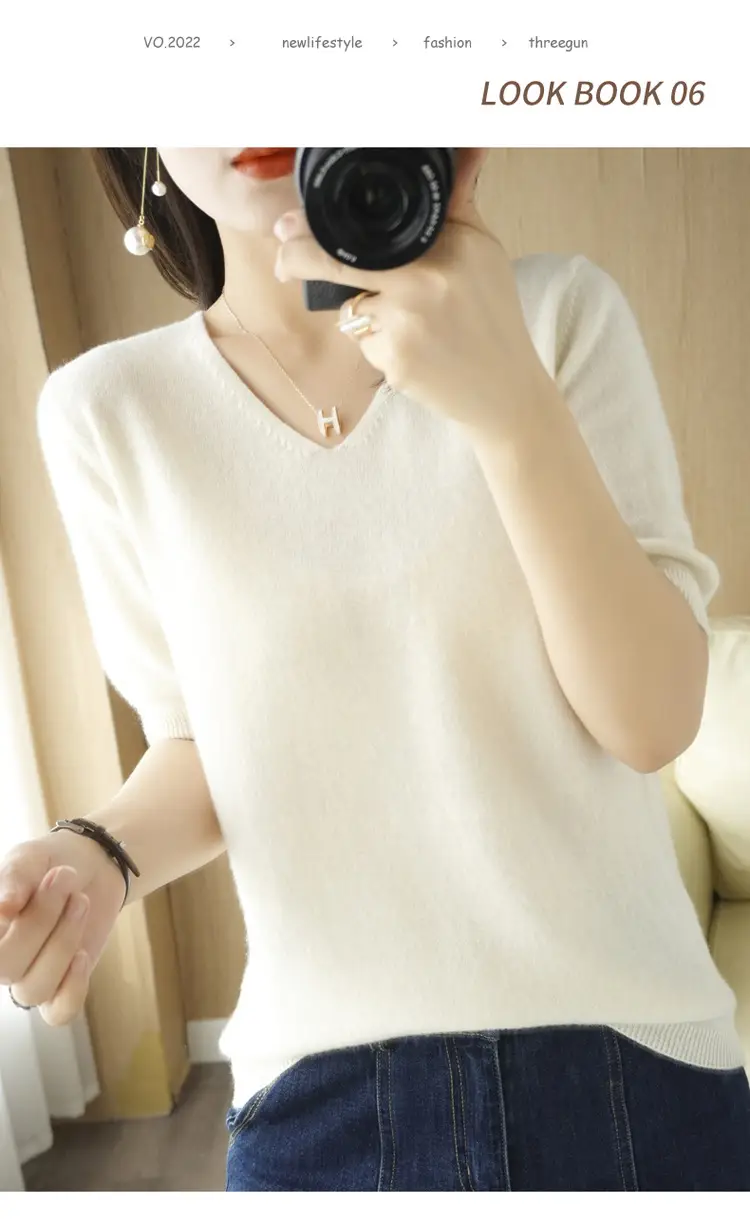2025 V-Neck Red Knit T-Shirt Women — feature 33